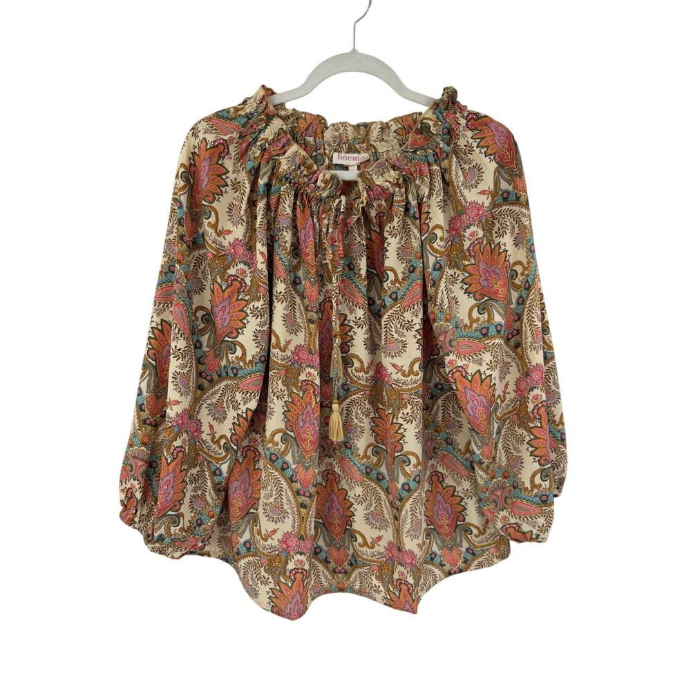 Boemo Womens Paisley Boho Blouse Size L Puff Sleeve Scarf Print Festival